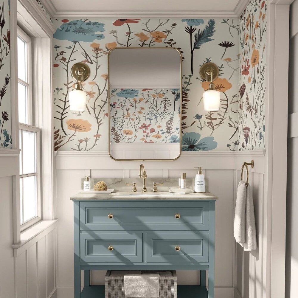 Floral Meadow Wallpaper - Blue, Coral & Cream Botanical Wallcovering